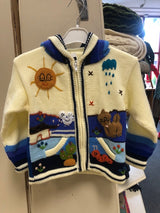 Childrens Cardigan with a hood – Natural/blue