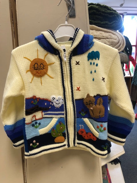 Childrens Cardigan with a hood – Natural/blue