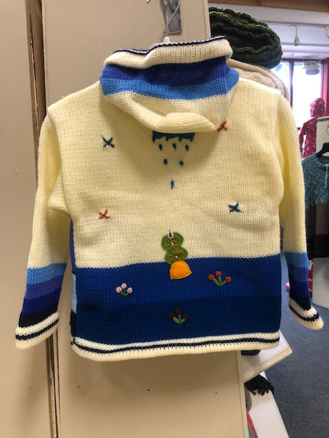 Childrens Cardigan with a hood – Natural/blue