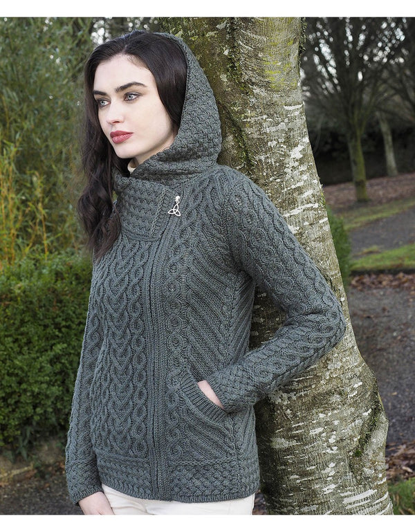 Hooded Aran Knit Cardigan in Merino Wool SW HD4916