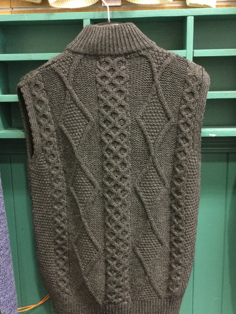 Wool aran knit vest. Sleeveless. Dark grey colour